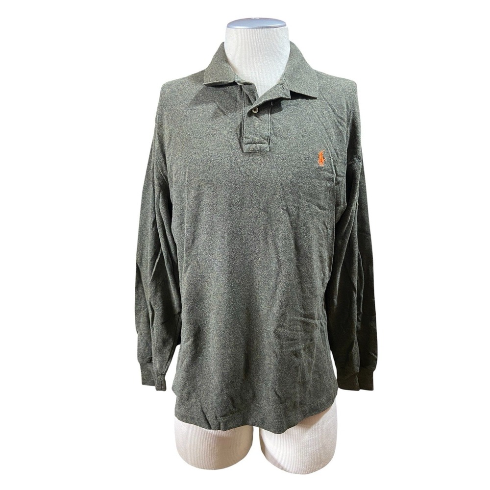 Polo Ralph Lauren Mens Long Sleeve Polo Shirt L Olive Green Heathered Cotton